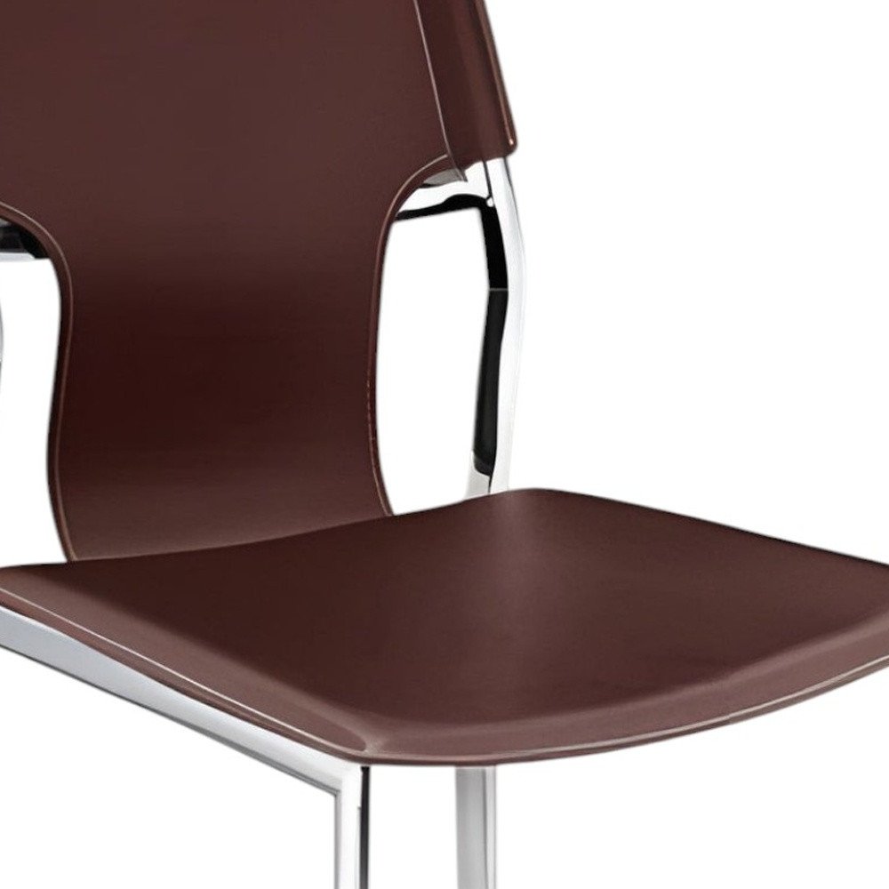 Set of Four Dark Brown And Silver Leather And Metal Partially Open Back Dining Side Chairs — view 4
