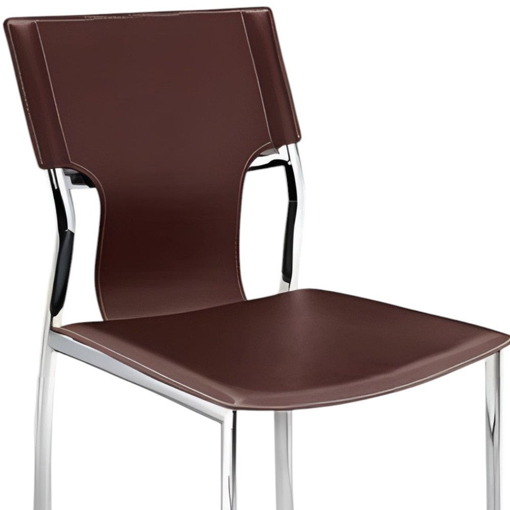 Set of Four Dark Brown And Silver Leather And Metal Partially Open Back Dining Side Chairs — view 5