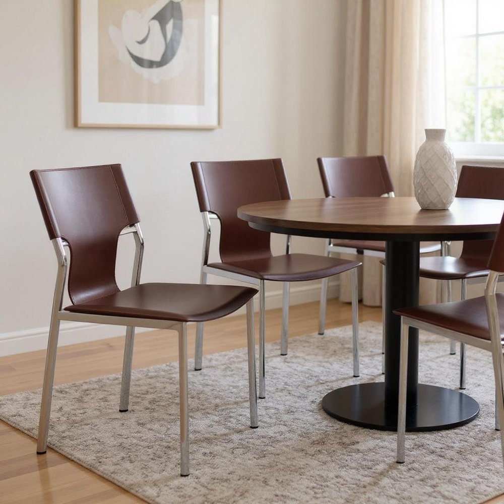 Set of Four Dark Brown And Silver Leather And Metal Partially Open Back Dining Side Chairs — view 7