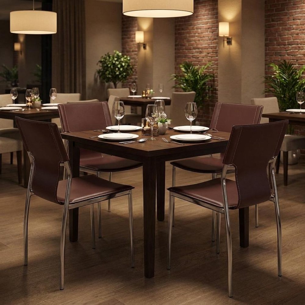 Set of Four Dark Brown And Silver Leather And Metal Partially Open Back Dining Side Chairs — view 8