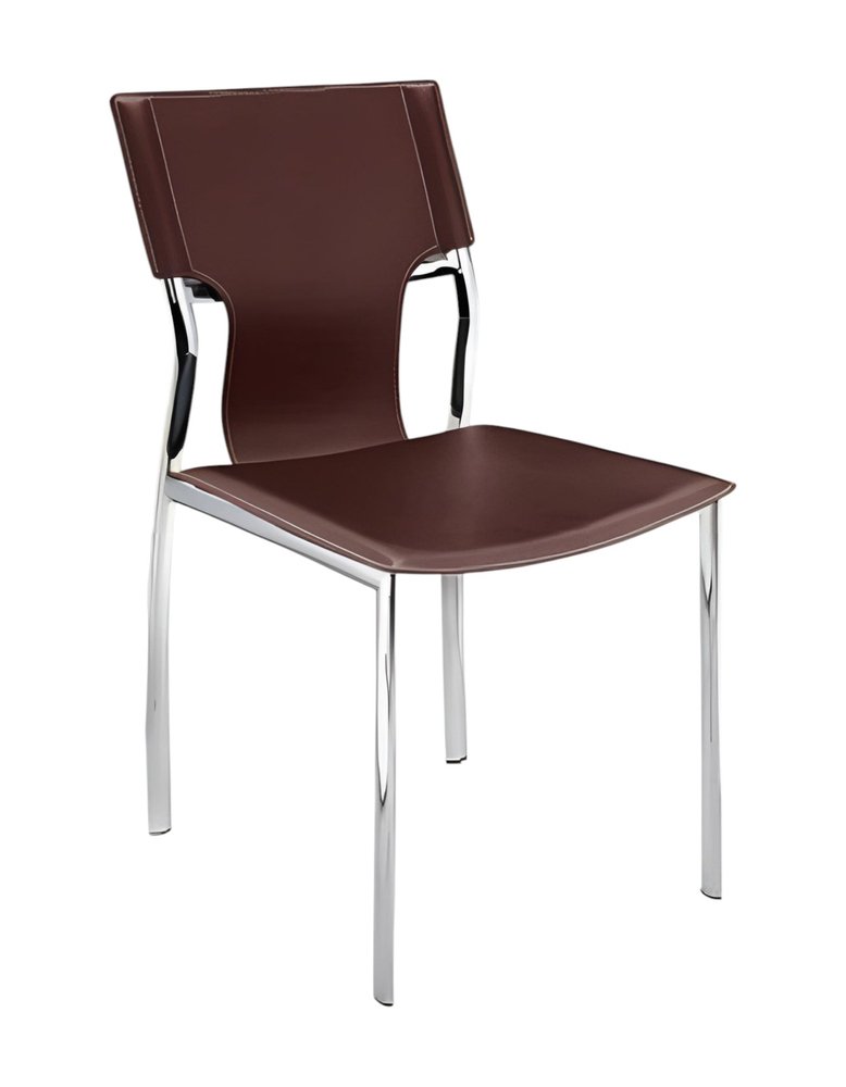 Set of Four Dark Brown And Silver Leather And Metal Partially Open Back Dining Side Chairs — view 2