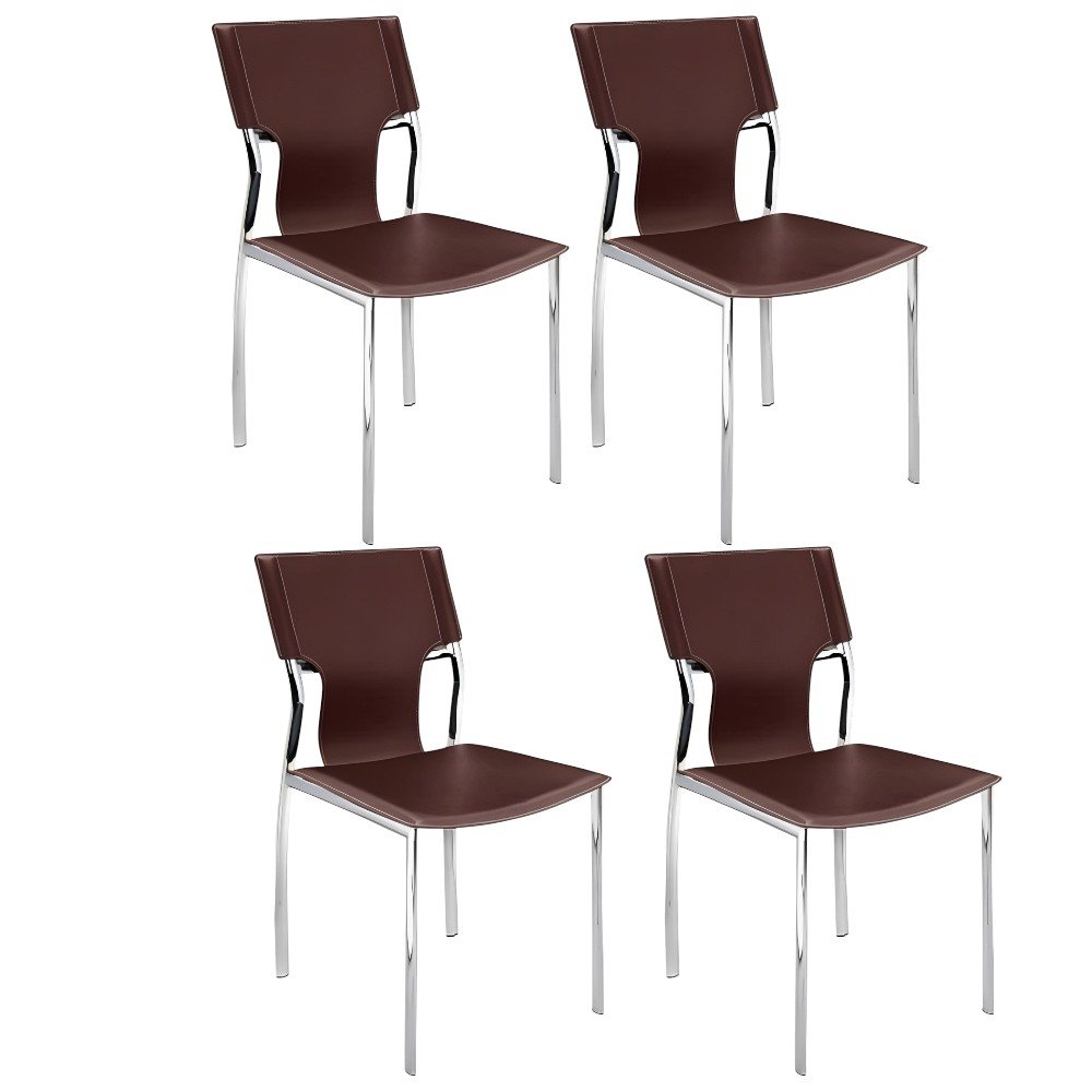 Set of Four Dark Brown And Silver Leather And Metal Partially Open Back Dining Side Chairs — view 6