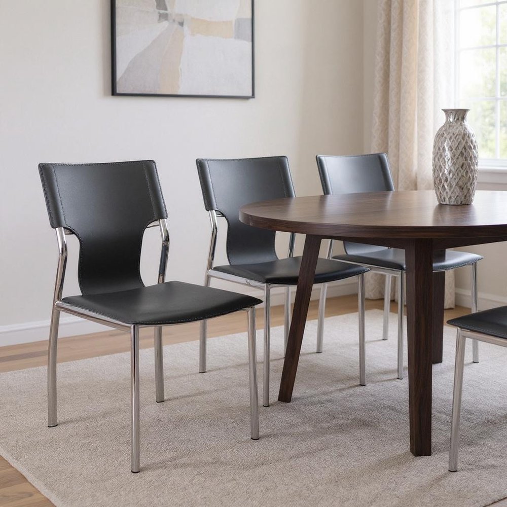 Set of Four Dark Brown And Silver Leather And Metal Partially Open Back Dining Side Chairs — view 15