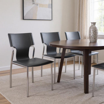 Set of Four Dark Brown And Silver Leather And Metal Partially Open Back Dining Side Chairs