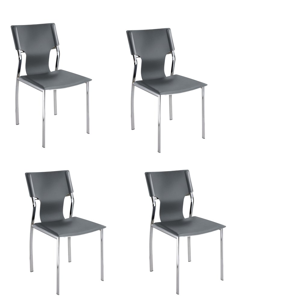 Set of Four Dark Brown And Silver Leather And Metal Partially Open Back Dining Side Chairs — view 14