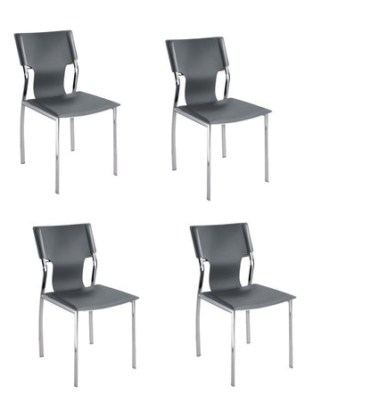 Set of Four Dark Brown And Silver Leather And Metal Partially Open Back Dining Side Chairs