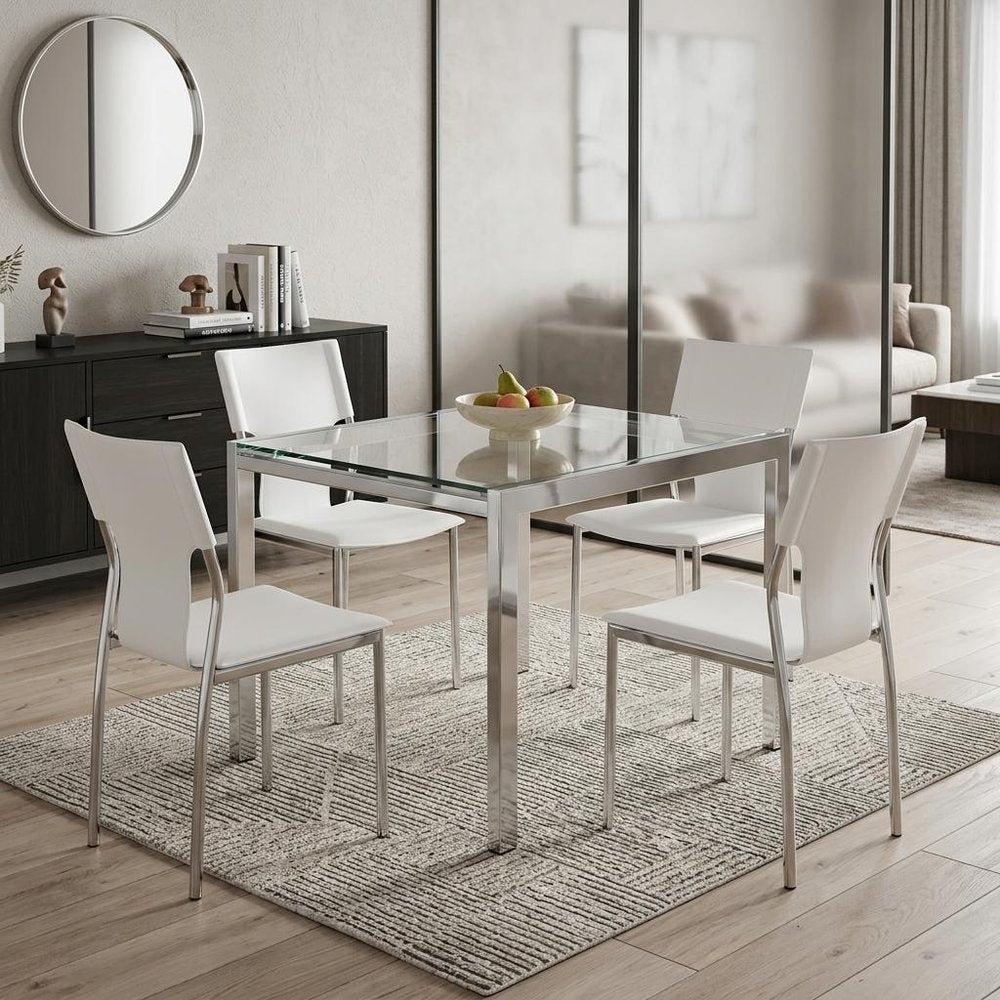 Set of Four White and Silver Metal and Leather Dining Side Chairs — view 7
