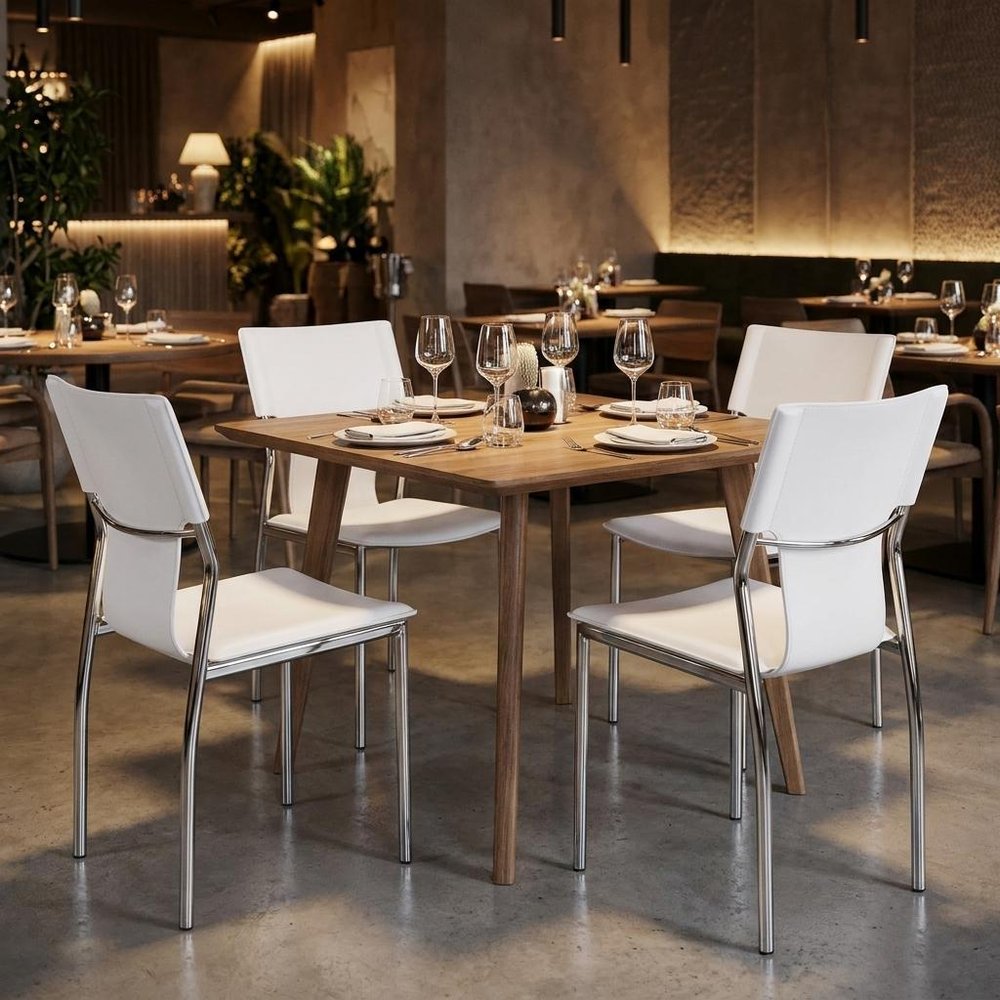 Set of Four White and Silver Metal and Leather Dining Side Chairs — view 8