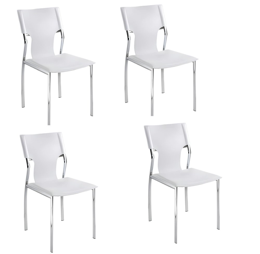 Set of Four White and Silver Metal and Leather Dining Side Chairs