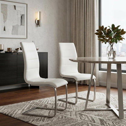 Set of Two White And Silver Faux Leather And Metal Dining Side Chairs HomeRoots