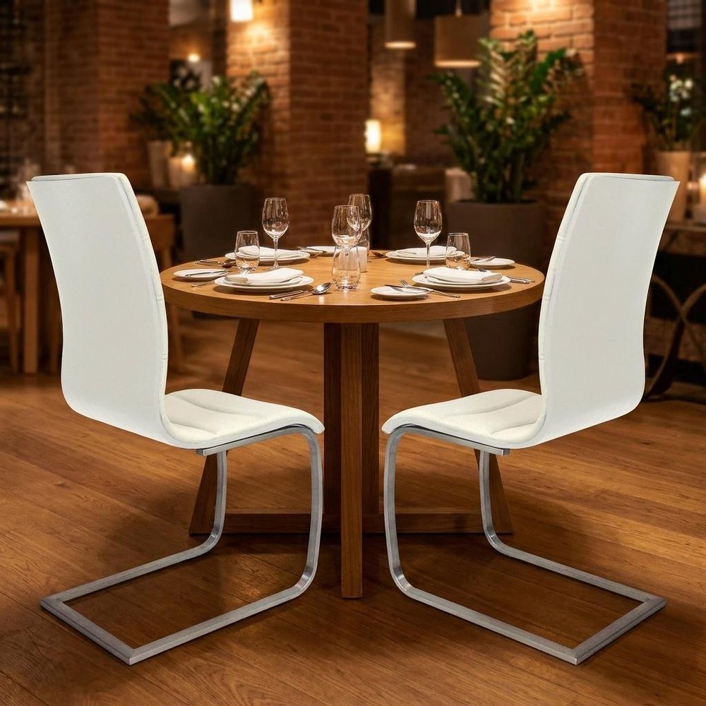 Set of Two White And Silver Faux Leather And Metal Dining Side Chairs HomeRoots