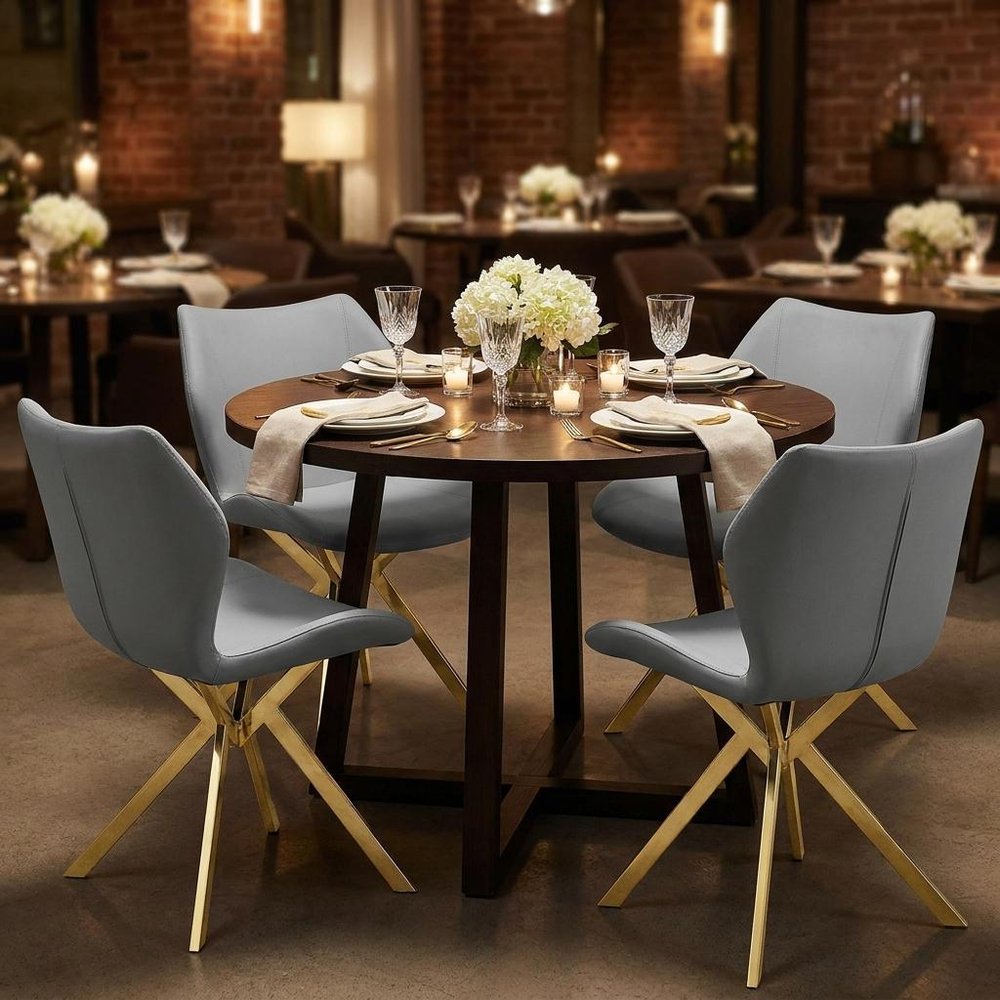 Set of Four Gray And Gold Faux Leather And Metal Dining Side Chairs HomeRoots