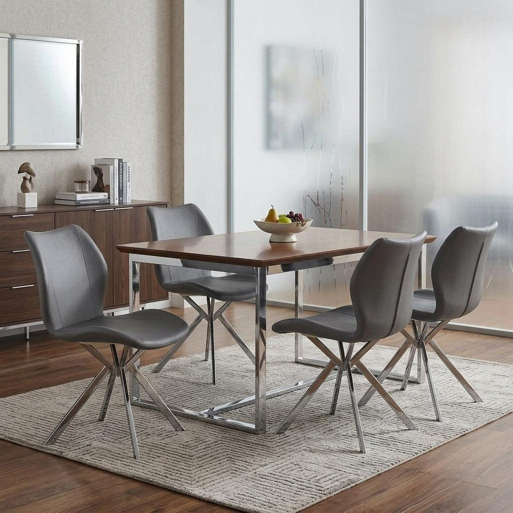 Set of Four Gray And Silver Faux Leather And Metal Dining Side Chairs HomeRoots