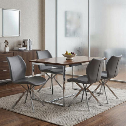 Set of Four Gray And Silver Faux Leather And Metal Dining Side Chairs HomeRoots