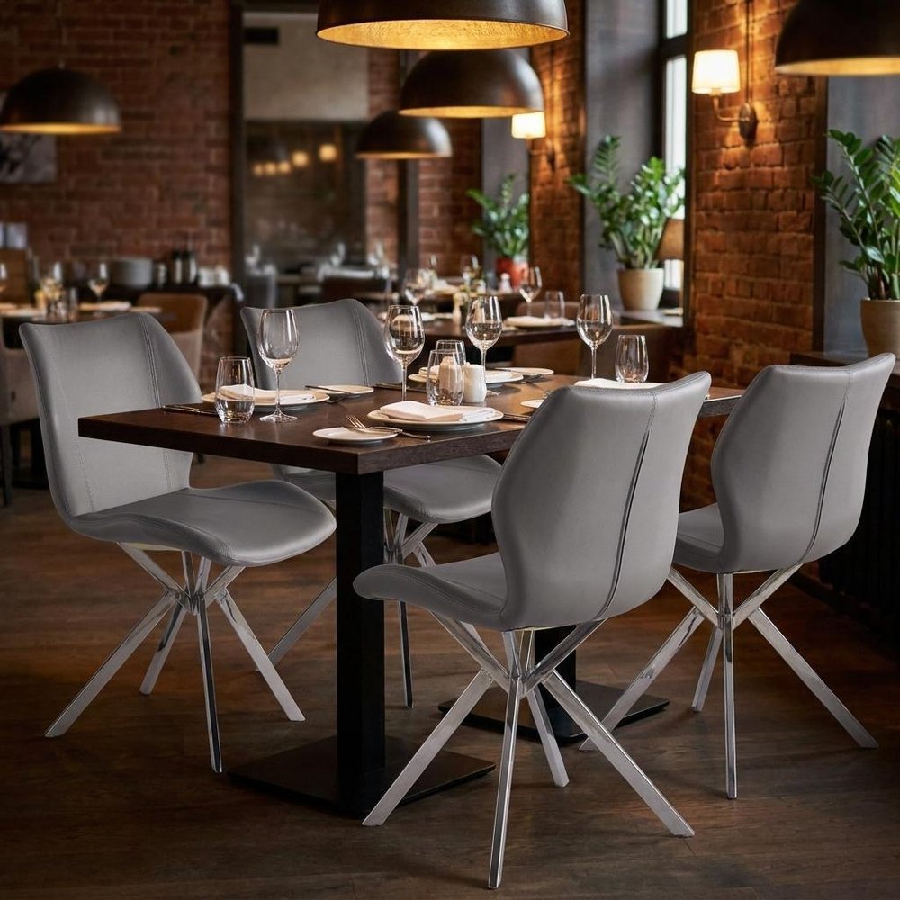 Set of Four Gray And Silver Faux Leather And Metal Dining Side Chairs — view 2