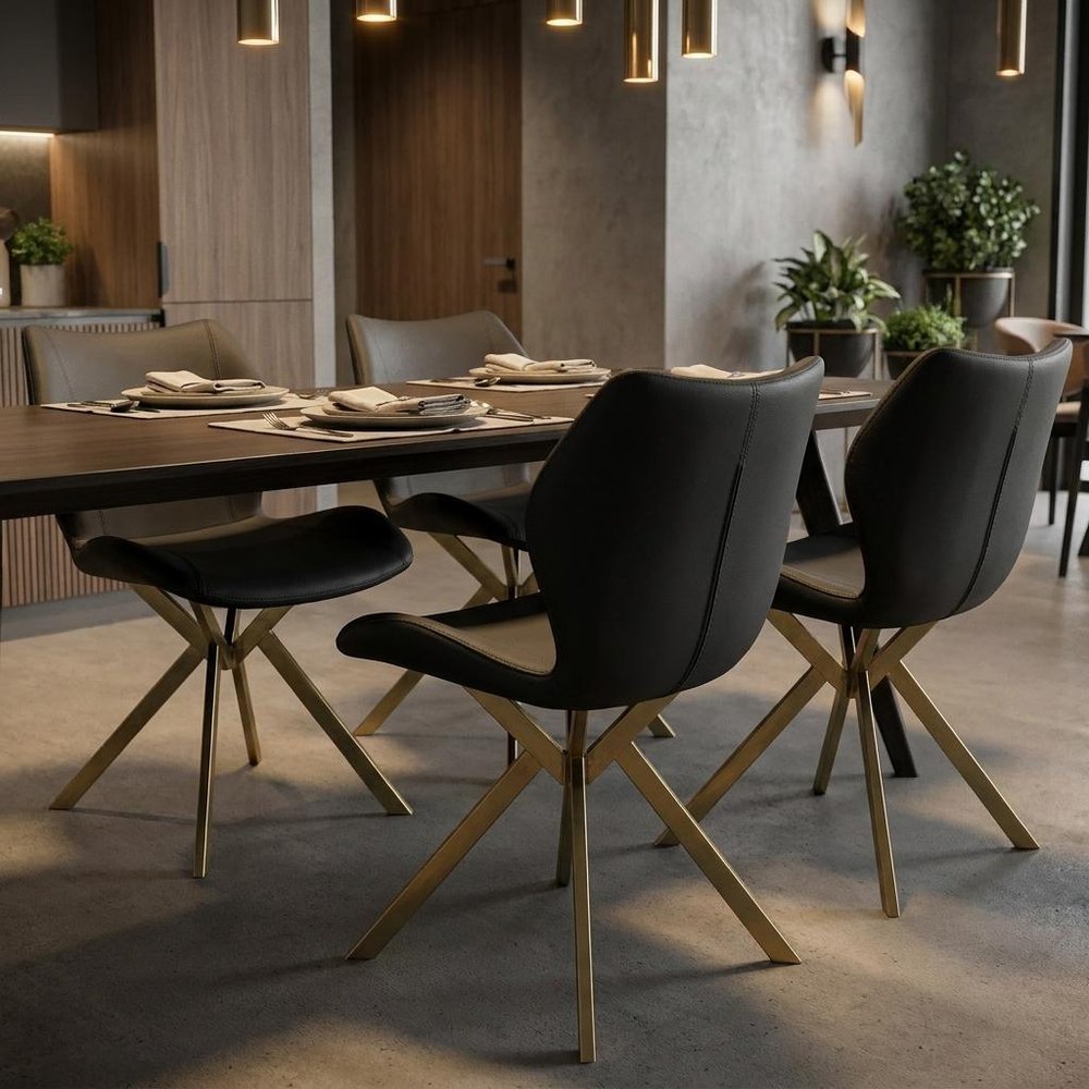 Set of Four Gray And Gold Faux Leather And Metal Dining Side Chairs HomeRoots