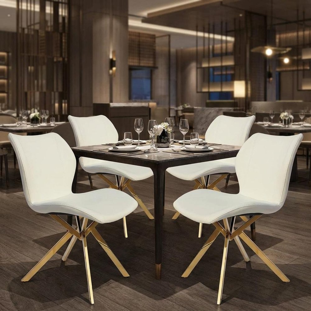 Set of Four Gray And Gold Faux Leather And Metal Dining Side Chairs HomeRoots