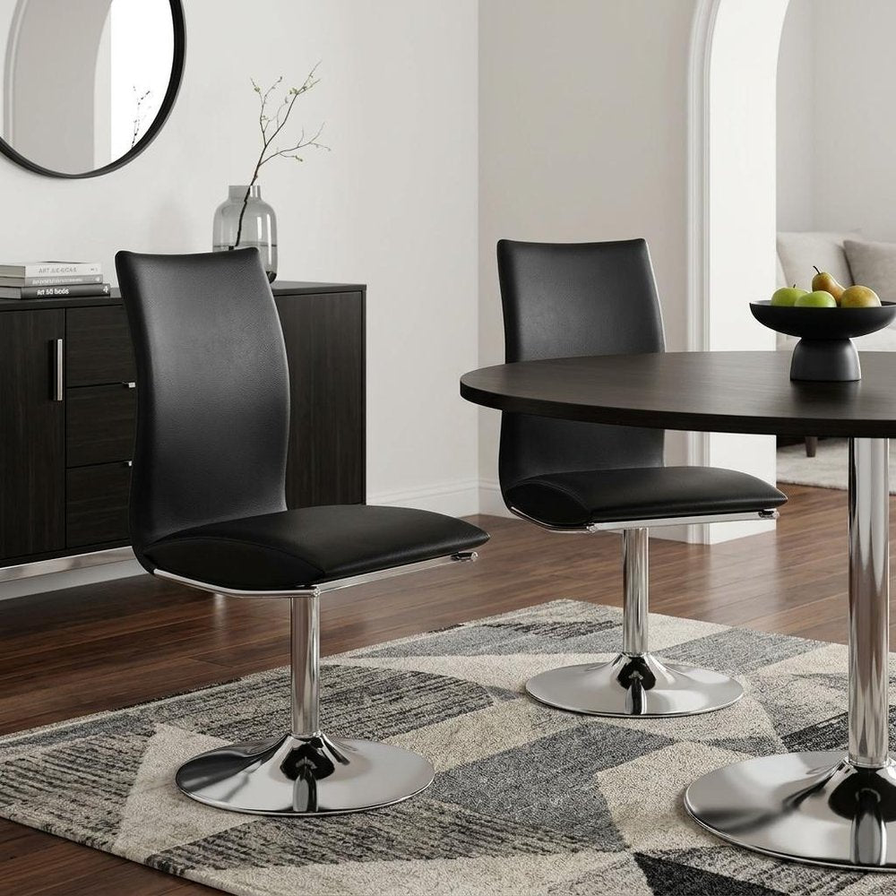 Set of Two Black And Silver Faux Leather And Metal Swivel Dining Side Chairs — view 8