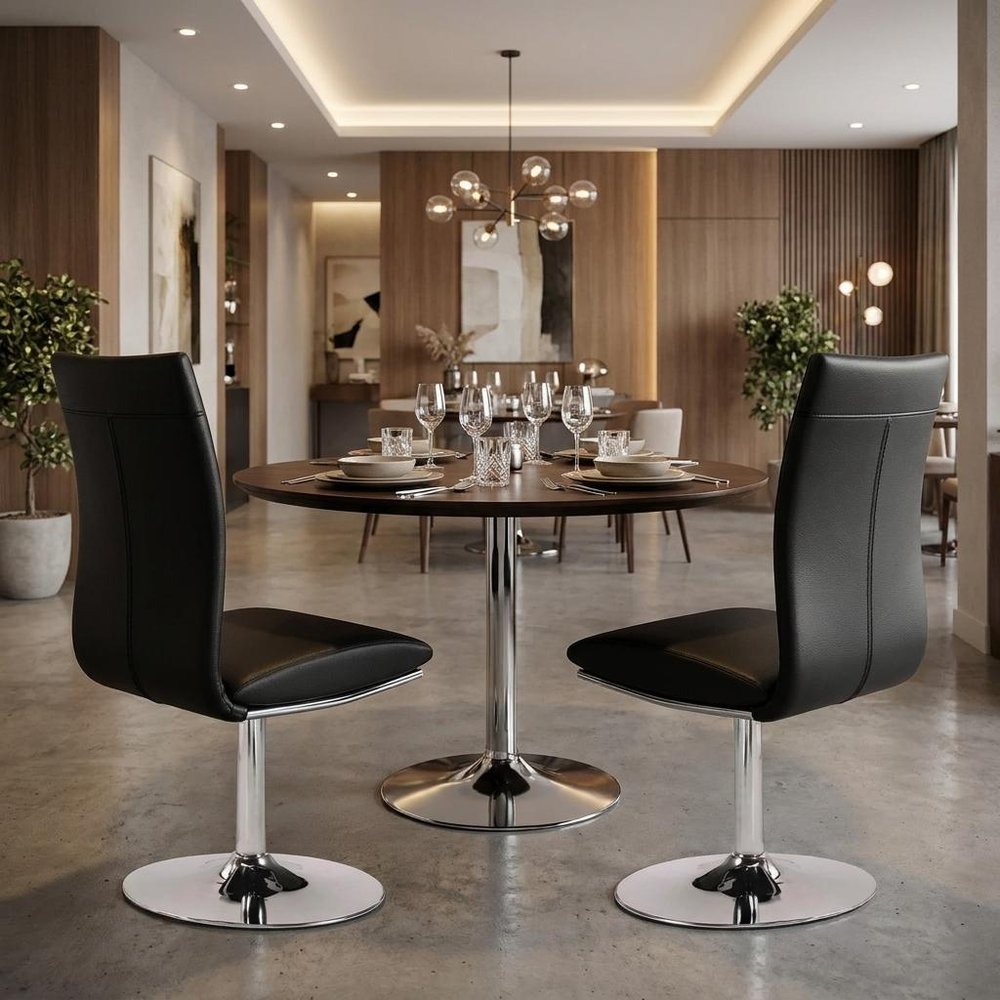 Set of Two Black And Silver Faux Leather And Metal Swivel Dining Side Chairs — view 9