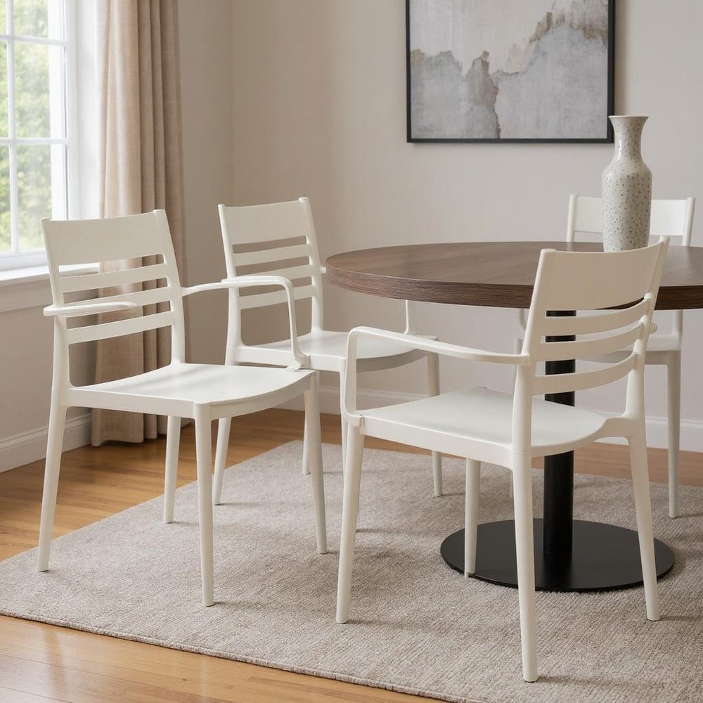 Set of Four White Heavy Duty Plastic Ladder Back Dining Arm Chairs — view 6