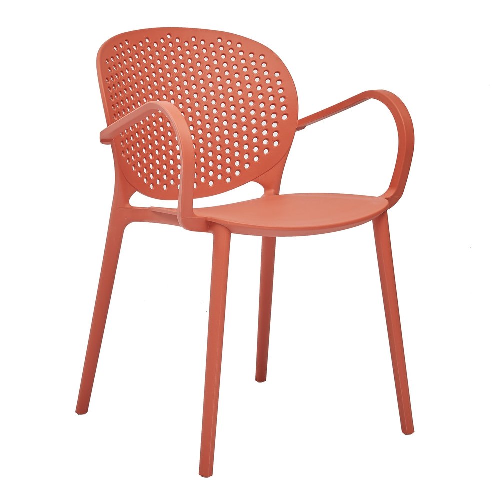 Set of Four Orange Heavy Duty Plastic Partially Open Back Dining Arm Chairs — view 1