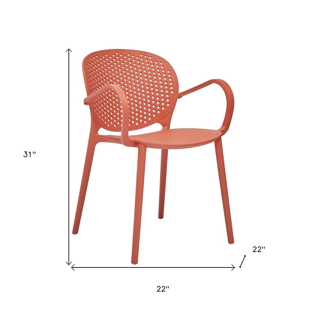 Set of Four Orange Heavy Duty Plastic Partially Open Back Dining Arm Chairs — view 2