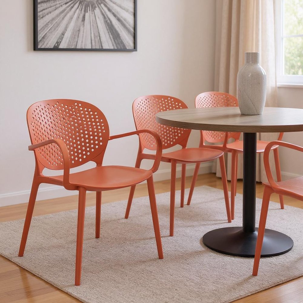 Set of Four Orange Heavy Duty Plastic Partially Open Back Dining Arm Chairs — view 6