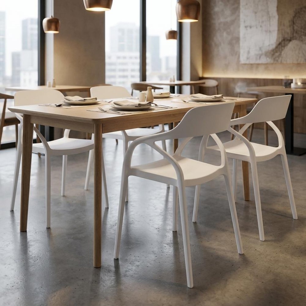 Set of Four White Heavy Duty Plastic Open Back Dining Arm Chairs HomeRoots