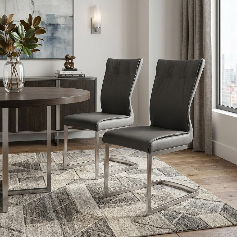 Set of Two Gray And Silver Faux Leather And Stainless Steel Dining Side Chairs HomeRoots