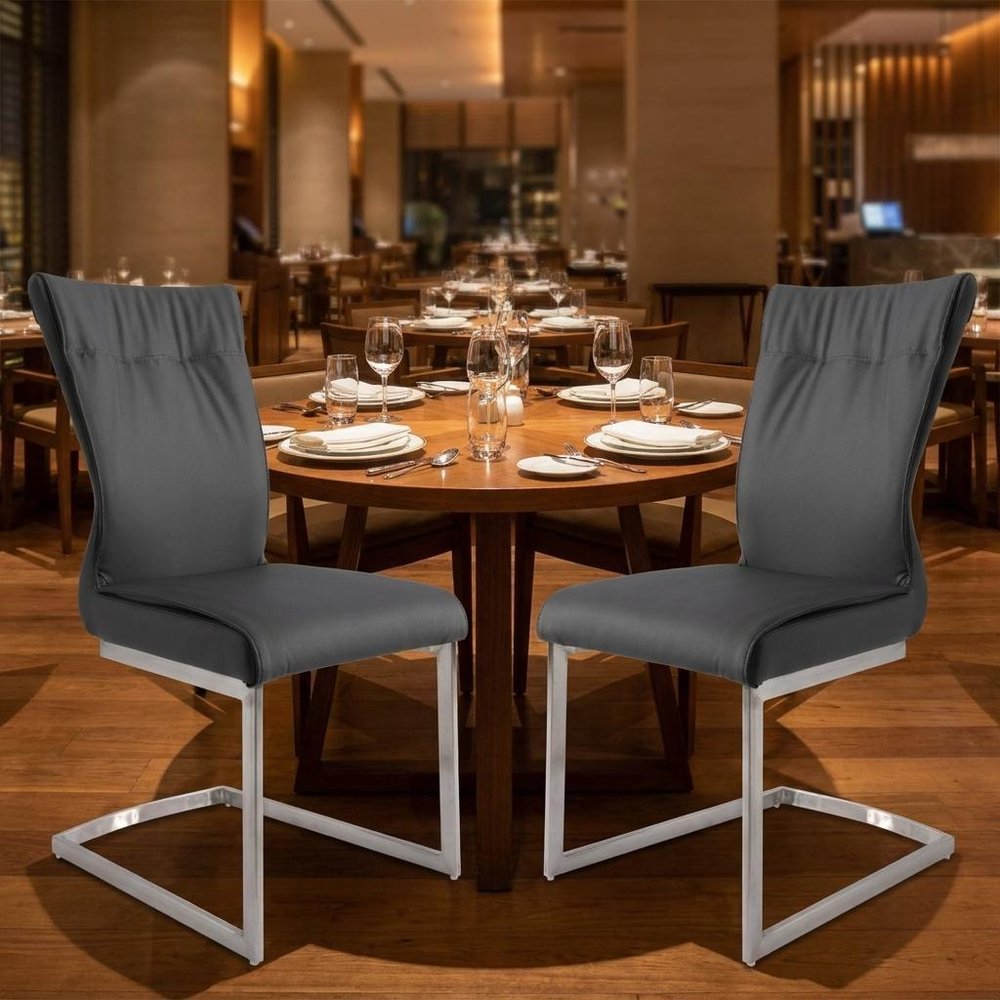 Set of Two Gray And Silver Faux Leather And Stainless Steel Dining Side Chairs — view 8