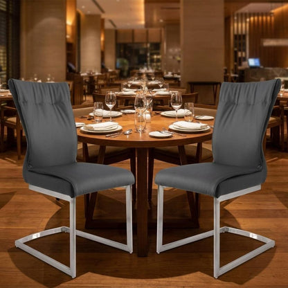 Set of Two Gray And Silver Faux Leather And Stainless Steel Dining Side Chairs HomeRoots