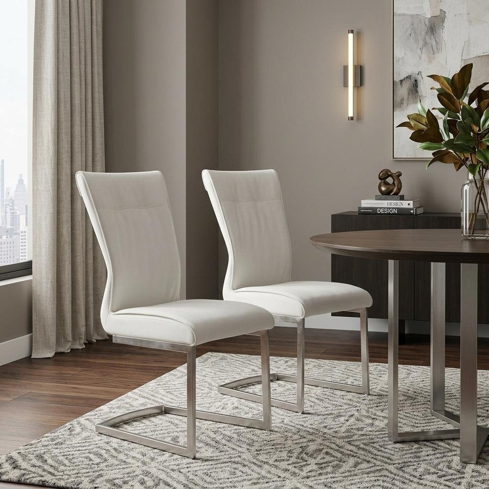 Set of Two Gray And Silver Faux Leather And Stainless Steel Dining Side Chairs HomeRoots