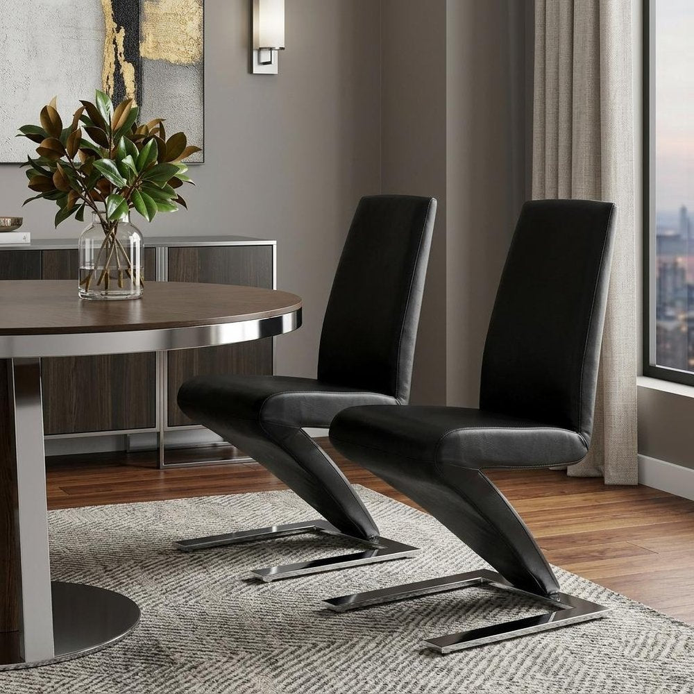 Set of Two Black And Silver Faux Leather And Metal Dining Side Chairs HomeRoots
