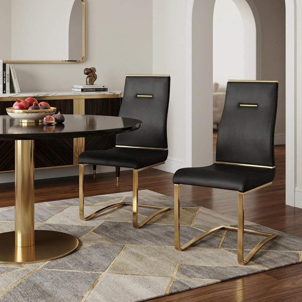 Set of Two Black And Gold Faux Leather And Stainless Steel Dining Side Chairs — view 6