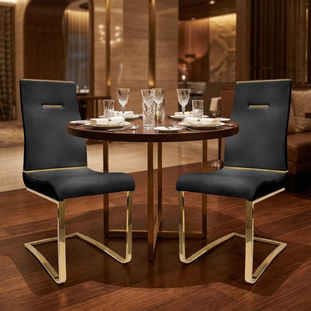 Set of Two Black And Gold Faux Leather And Stainless Steel Dining Side Chairs HomeRoots