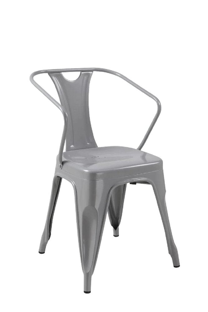 Set of Four Gray Metal Partially Open Back Dining Arm Chairs — view 1