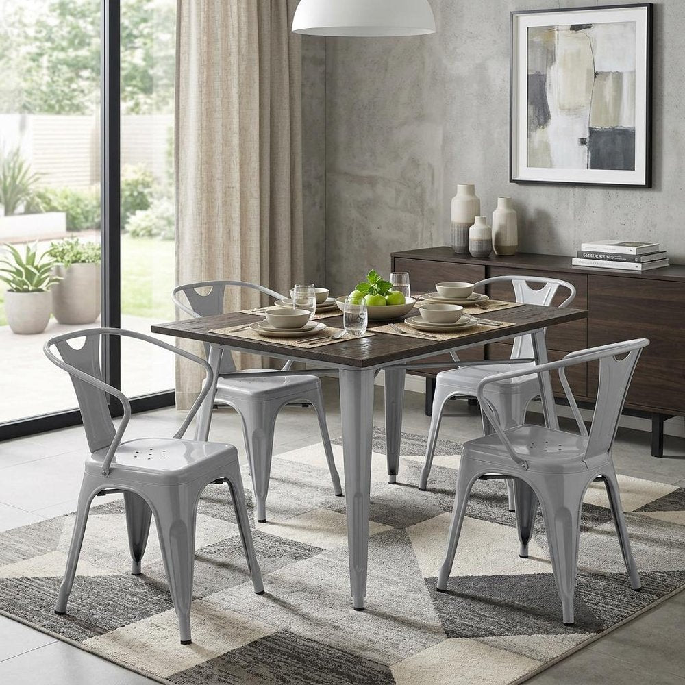 Set of Four Gray Metal Partially Open Back Dining Arm Chairs — view 5