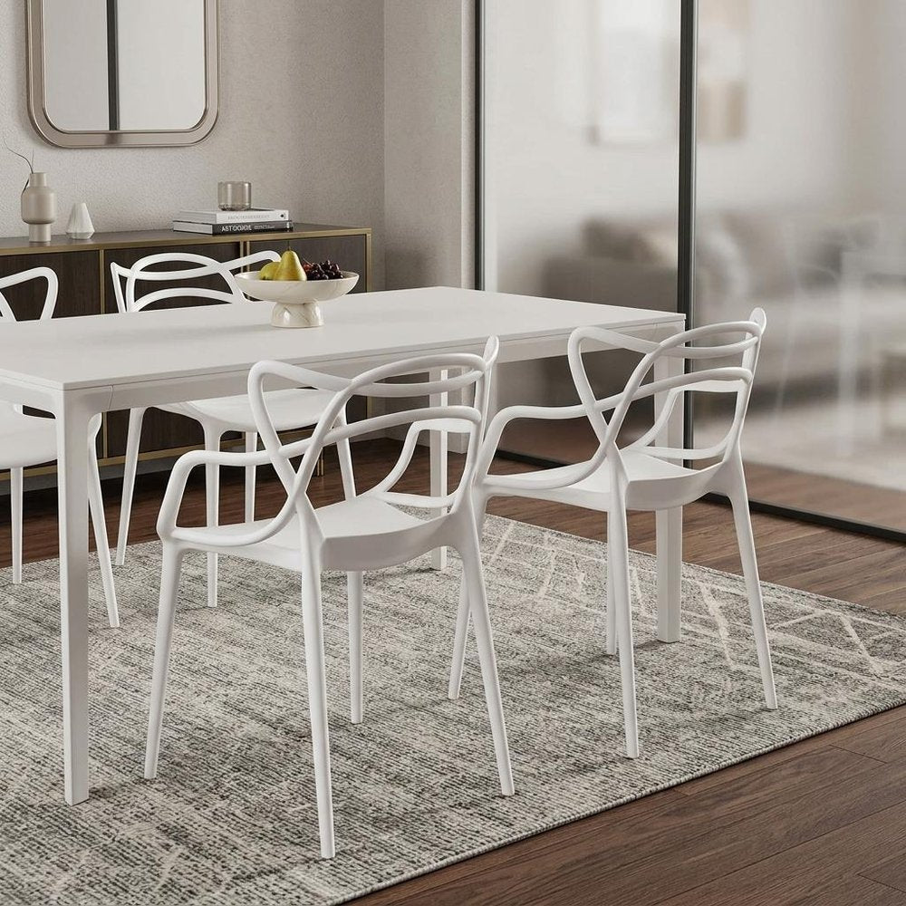 Set of Four White Heavy Duty Plastic Open Back Dining Arm Chairs HomeRoots
