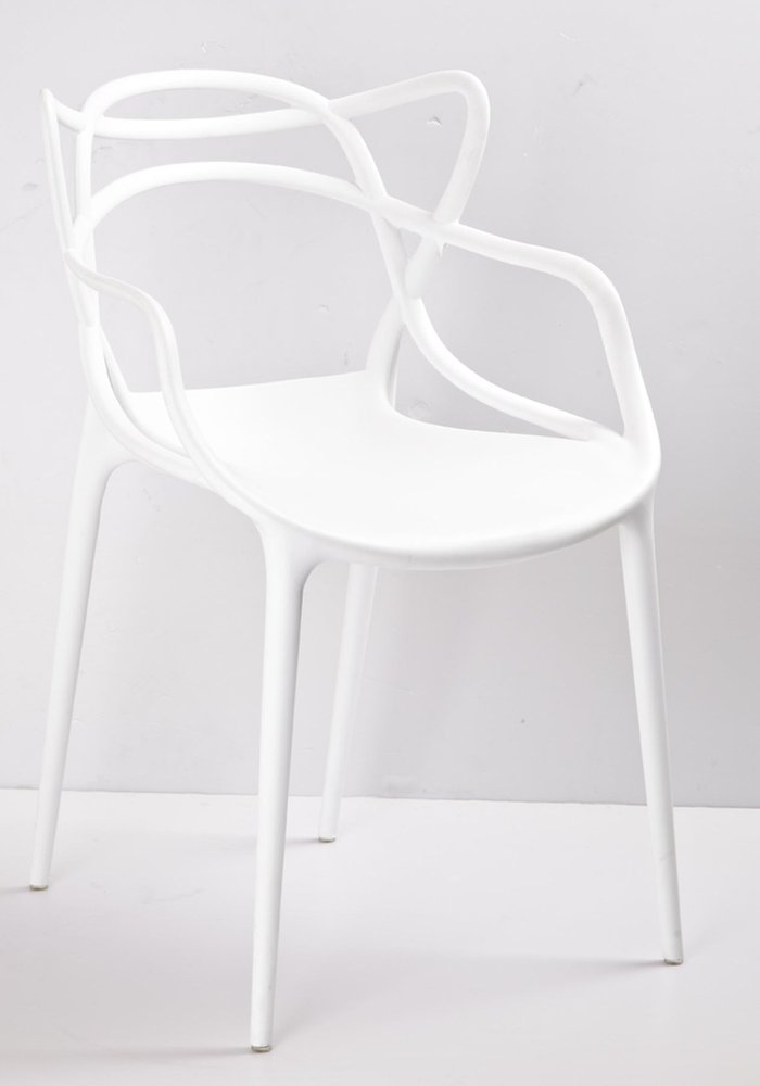 Set of Four White Heavy Duty Plastic Open Back Dining Arm Chairs — view 1
