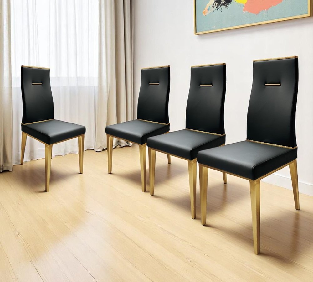 Set of Four Black and Gold Upholstered Faux Leather Dining Side Chairs HomeRoots