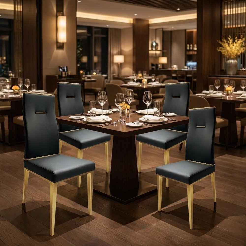 Set of Four Black and Gold Upholstered Faux Leather Dining Side Chairs — view 7