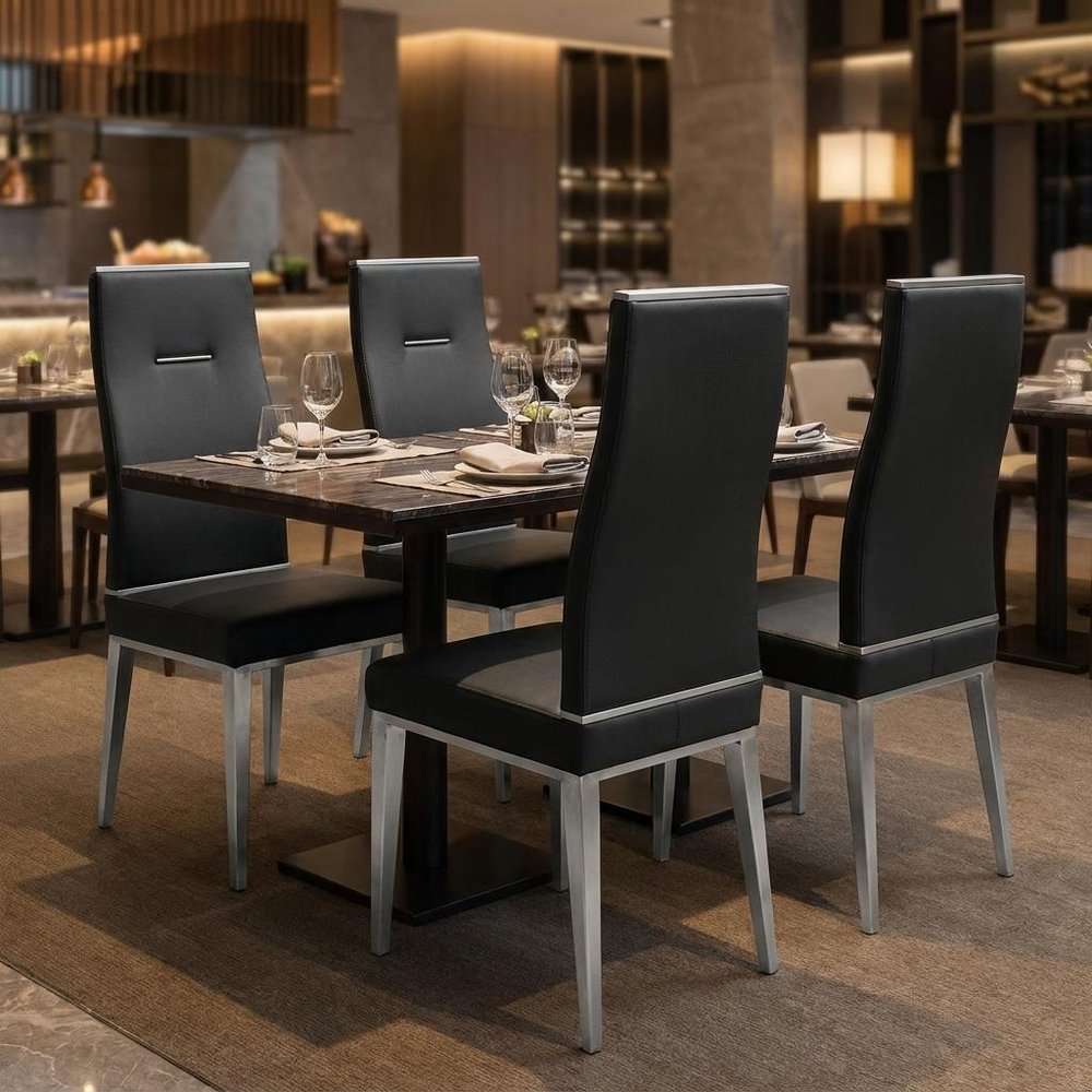 Set of Four Black And Silver Faux Leather And Stainless Steel Dining Side Chairs — view 5