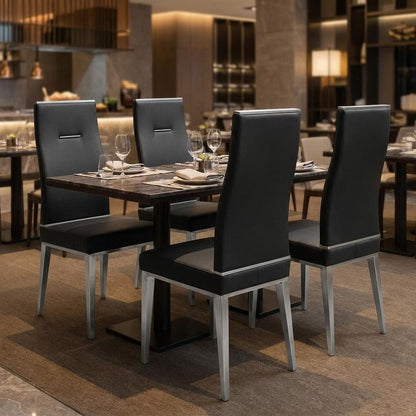 Set of Four Black And Silver Faux Leather And Stainless Steel Dining Side Chairs HomeRoots