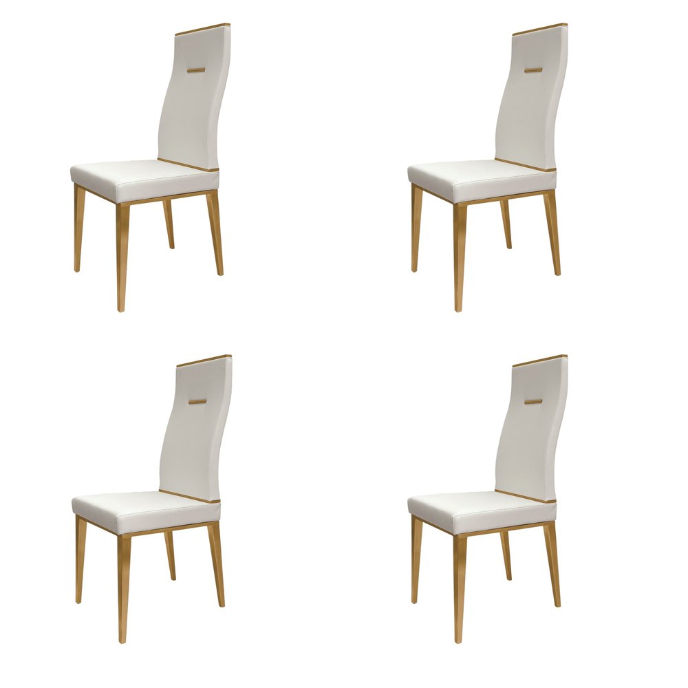 Set of Four White and Gold Upholstered Faux Leather Dining Side Chairs HomeRoots