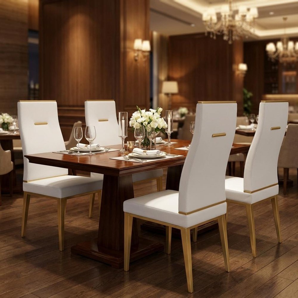 Set of Four White And Gold Faux Leather And Stainless Steel Dining Side Chairs HomeRoots