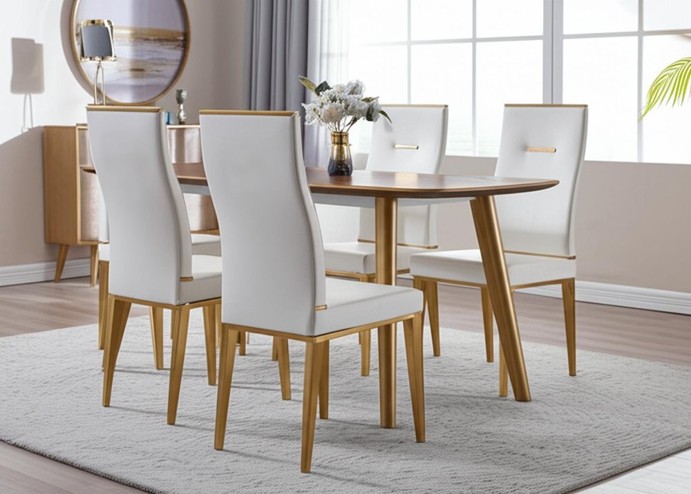 Set of Four White and Gold Upholstered Faux Leather Dining Side Chairs HomeRoots
