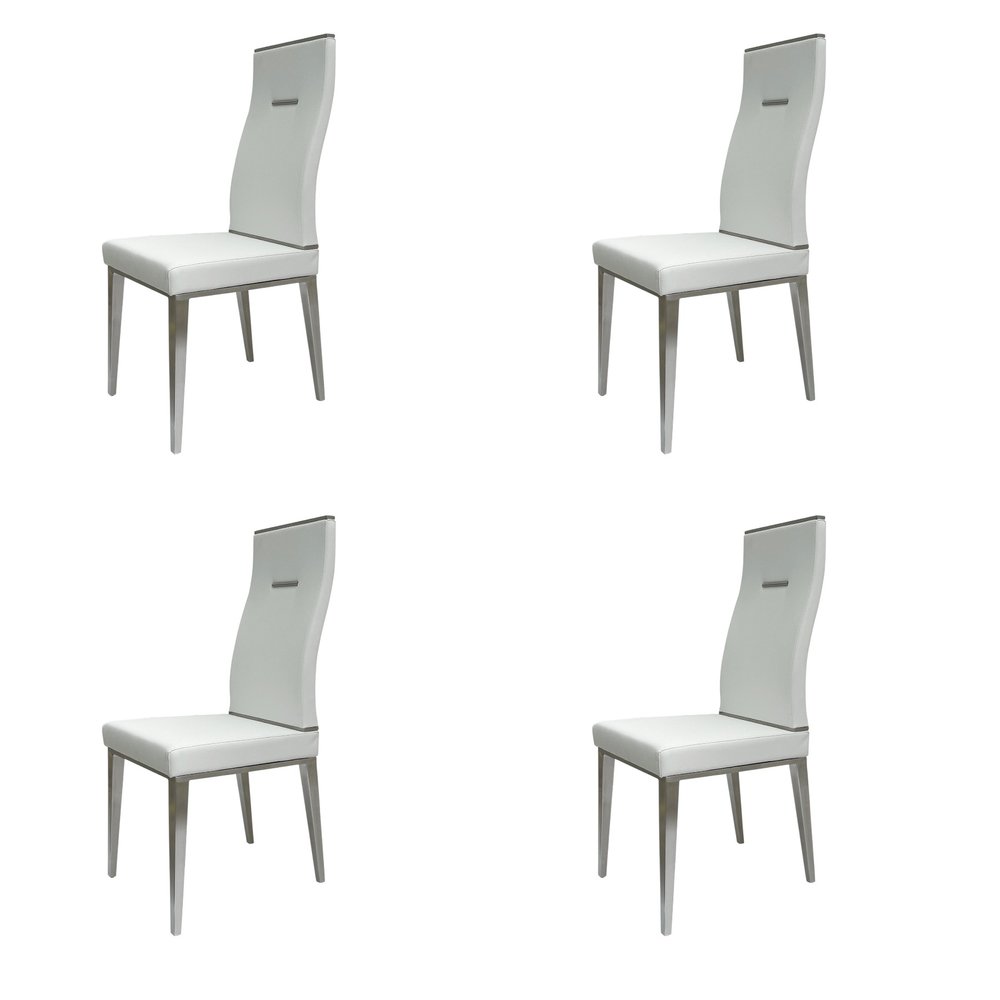Set of Four White and Silver Upholstered Faux Leather Dining Side Chairs HomeRoots