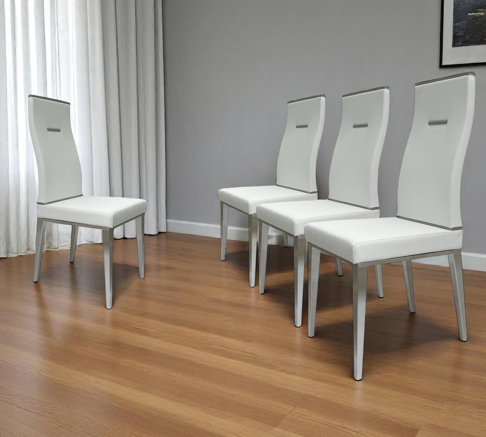Set of Four White and Silver Upholstered Faux Leather Dining Side Chairs HomeRoots