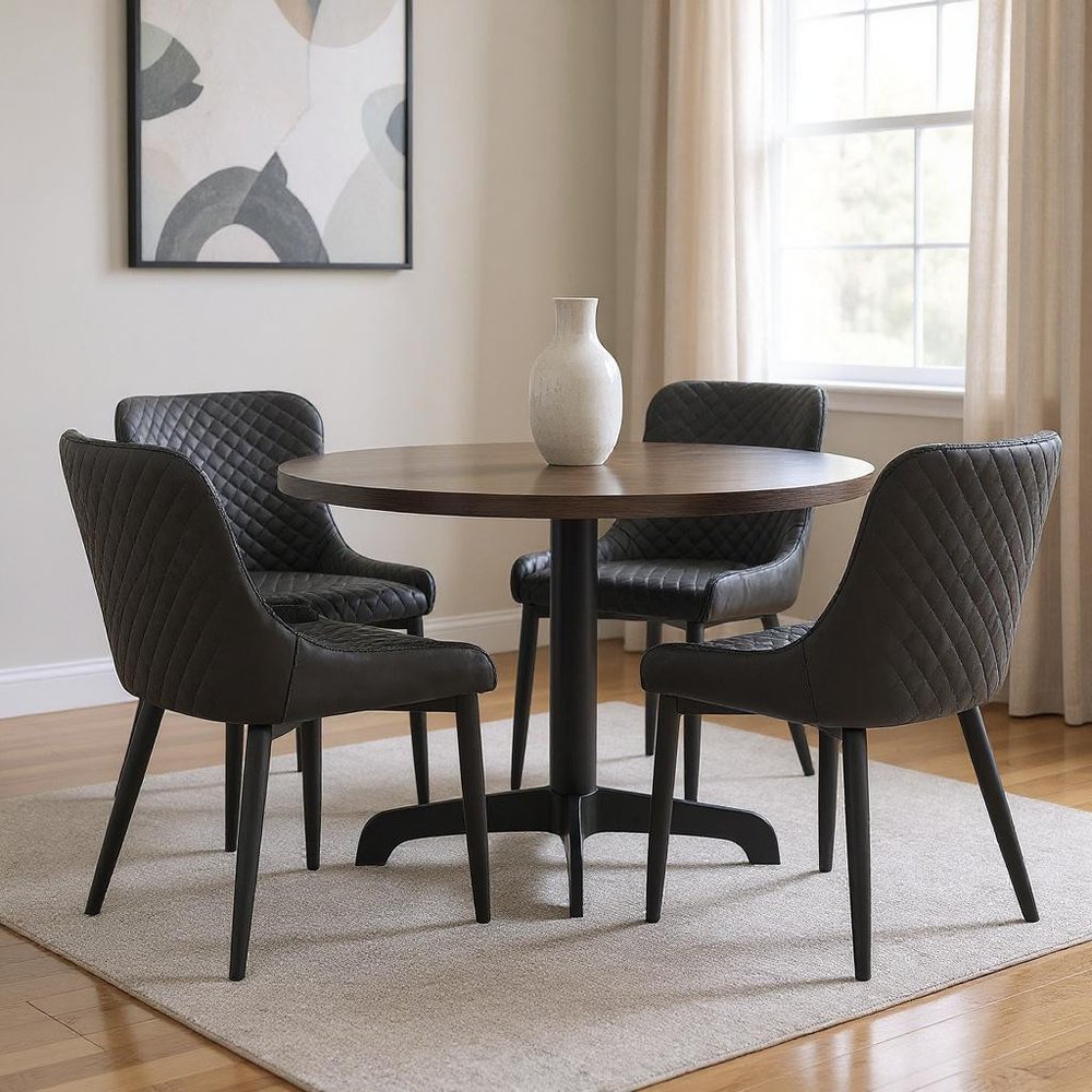 Set of Four Dark Gray And Black Tufted Faux Leather And Metal Geometric Print Dining Side Chairs — view 6