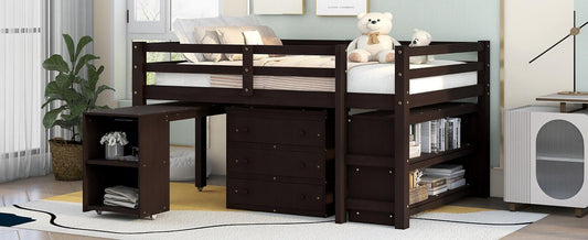 Low Study Full Loft Bed with Cabinet Shelves and Rolling Portable Desk Multiple Functions Bed- Espresso - FurniFindUSA